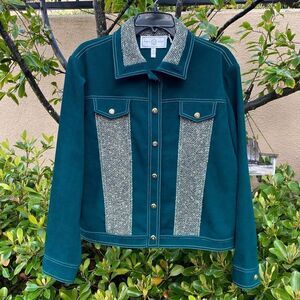 St. John Sport Maria Gray Forest Green w/Gold Panels Corduroy Jacket Medium EUC